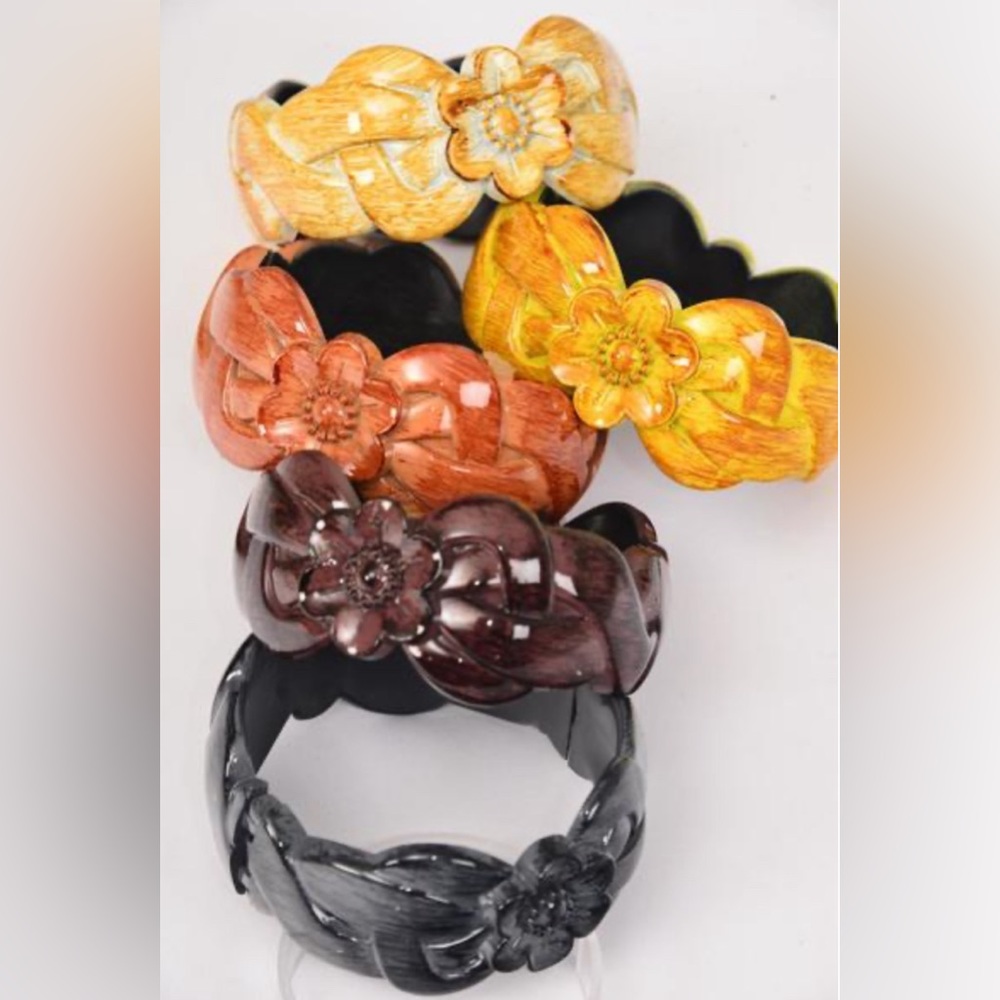 26984 Six Pack Hinge Flower Carve Brush Stroke Wood Finish Bangle Bracelets Lot